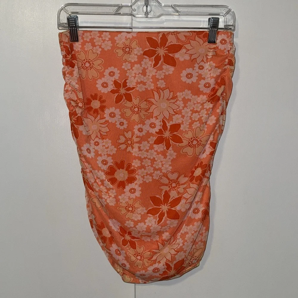 No Boundaries Mesh SET Top & Ruched Skirt Orange Floral Women’s Juniors M 7-9